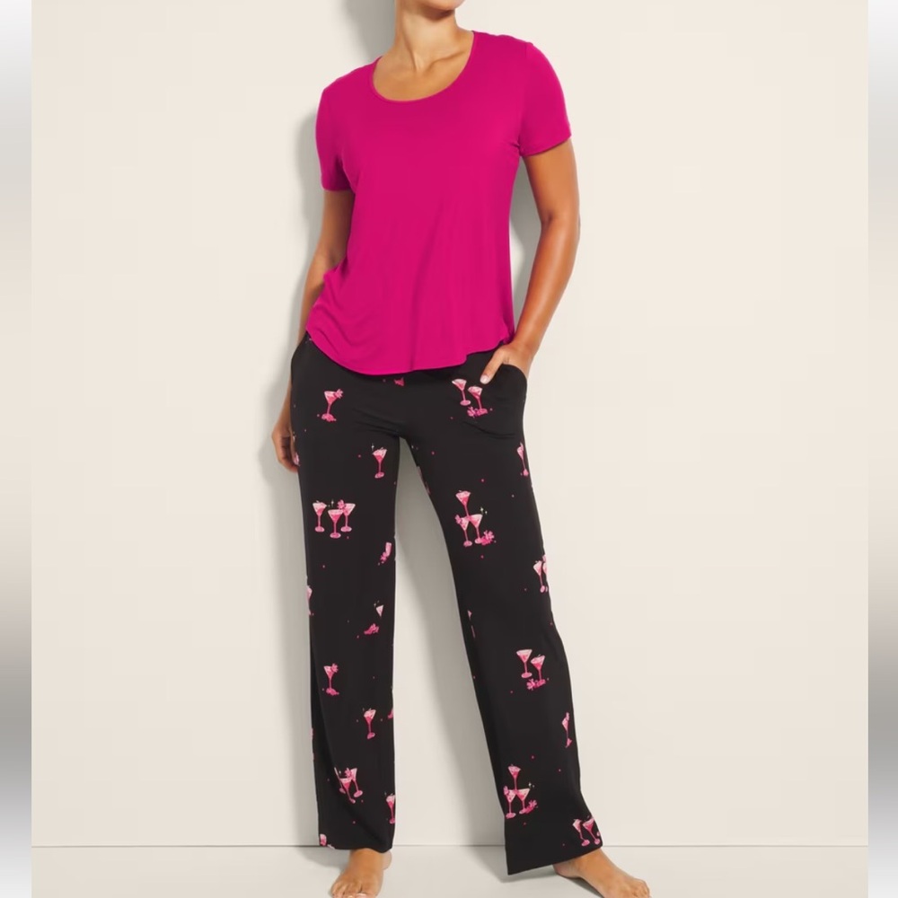 Soma Fuchsia Short-Sleeve Top with Black Martini-Print Pajama Pants